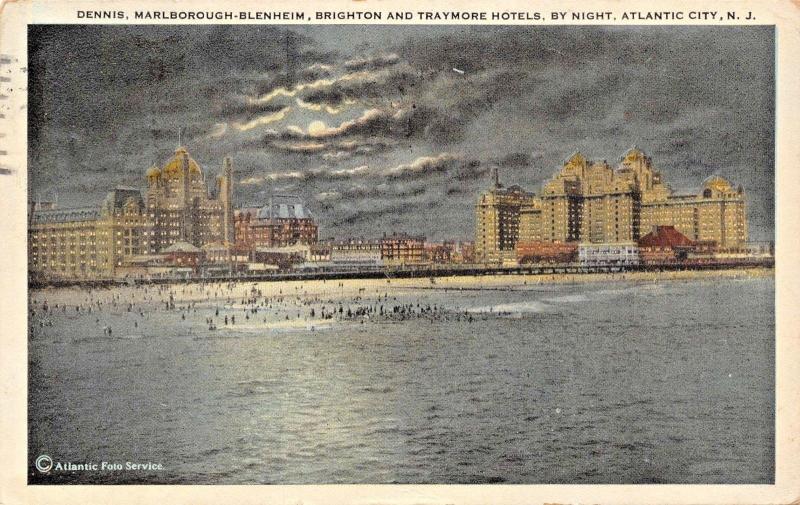 ATLANTIC CITY NY~DENNIS-MARLBOROUGH-BRIGHTON-TRAYMORE HOTELS BY NIGH POSTCARD