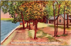 State Park and Bath House on Shores of Lake Champlain, VT Vintage Postcard N03