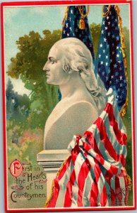 George Washington Bust Flags Embossed First in Hearts of Countrymen Postcard U03