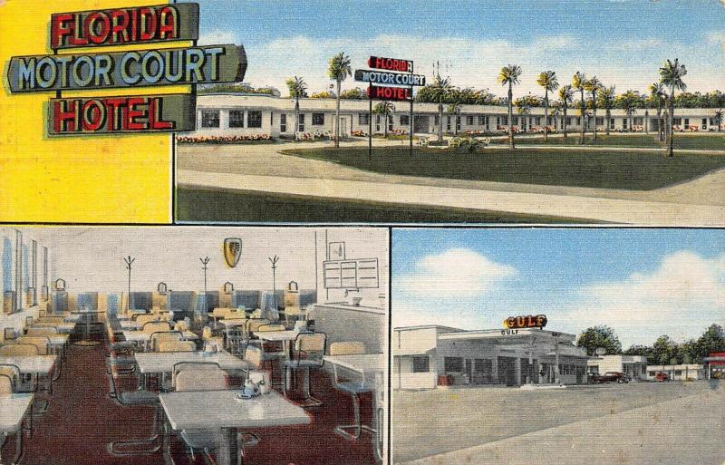 TALLAHASSEE FL-FLORIDA MOTOR COURT HOTEL-COLORFUL NEON SIGN-1953 PSTMK POSTCARD