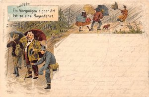 Travelers Mountaineer Caught by Heavy Rain in Forest Dog 1896 postcard C361