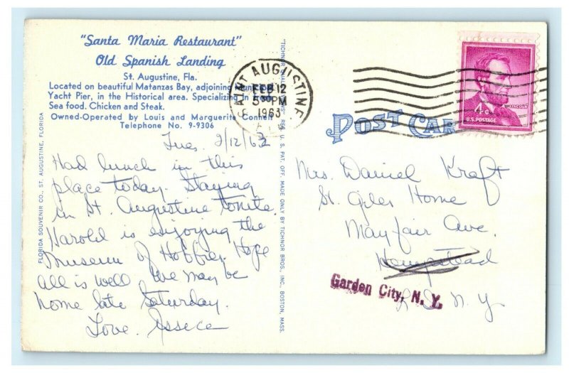1963 Santa Maria Restaurant, St. Augustine, Florida FL Vintage Postcard 