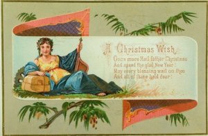 1880's Embossed Christmas Card Poem Lovely Fab Grecian Lady Reclined P78