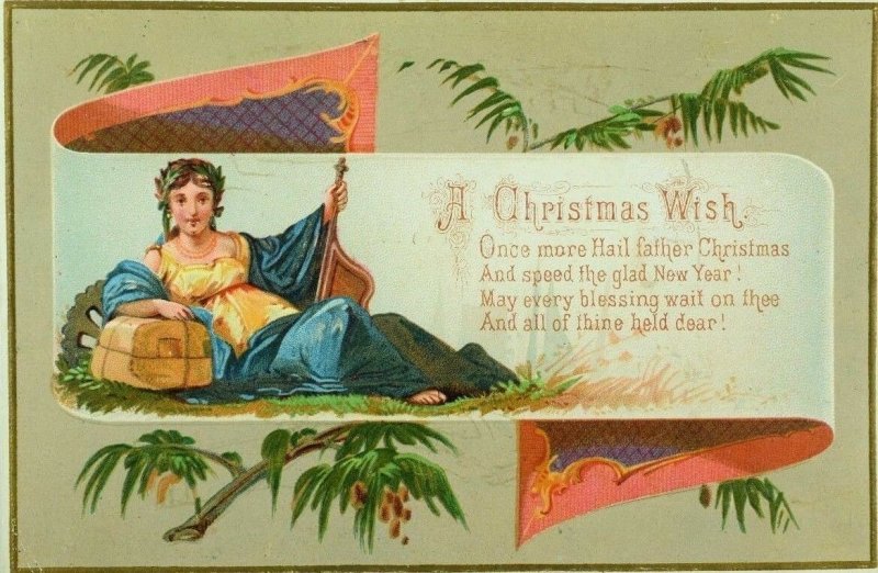 1880's Embossed Christmas Card Poem Lovely Fab Grecian Lady Reclined P78 