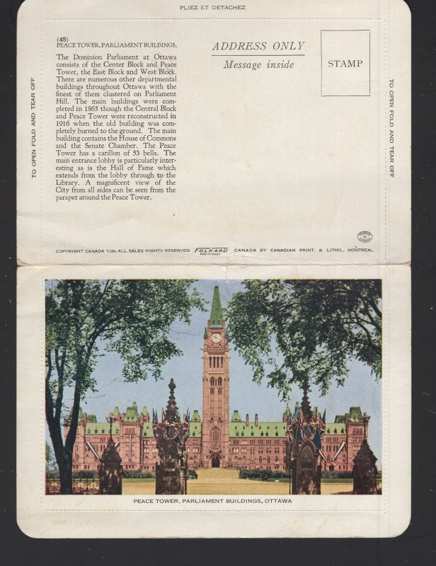Ontario OTTAWA Peace Tower, Parliament Buildings Folkard Letter Card