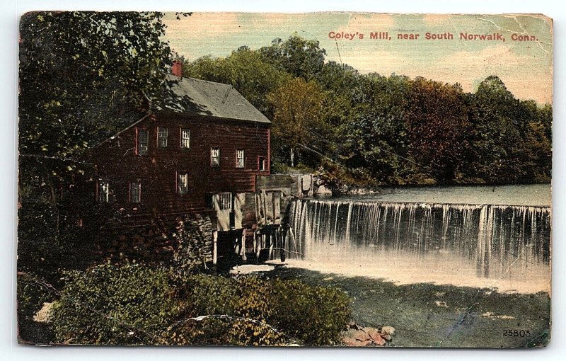 c1910 SOUTH NORWALK CONNECTICUT COLEY'S MILL WATERFALL EARLY POSTCARD P446