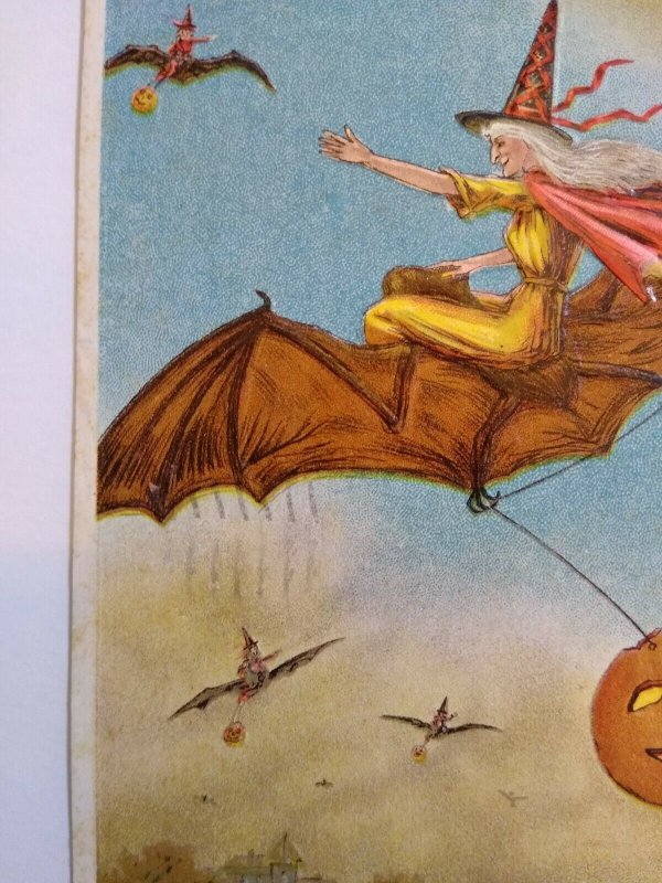 Vintage Halloween Postcard Anglo-American Series 876 Witch Flying On Devil Bat