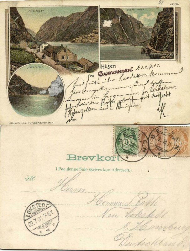 norway norge, GUDVANGEN, Nærøyfjorden, Multiview (1901) Litho Postcard