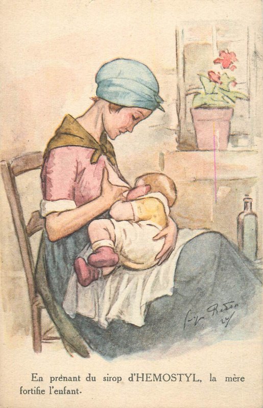 Advertising HEMOSTYL syrup, the mother strengthens the child artist postcard