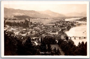 Bad Tolz Germany Panorama of Buildings River & Bridge Real Photo RPPC Postcard