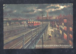 PHILADELPHIA PENNSYLVANIA PA. ELEVATED RAILROAD TRAIN AT NIGHT VINTAGE POSTCARD