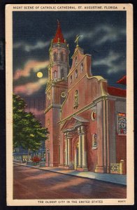 Florida ST. AUGUSTINE Night Scene of Roman Catholic Cathedral pm1956 LINEN