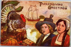 Postcard Thanksgiving Greetings pilgrims with turkey pumpkin ship