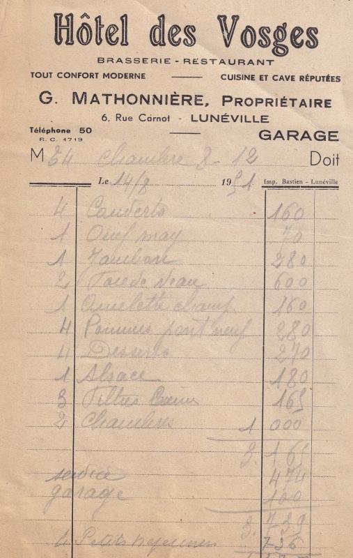 Hotel Des Vosges Luneville Garage Restaurant 1950s Receipt