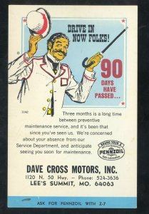 LEE'S SUMMIT MISSOURI DAVE CROSS MOTORS PENNZOIL OIL ADVERTISING POSTCARD MO.