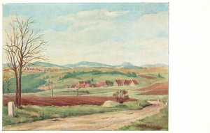 Vintage Postcard Painting Trees Houses Mountains Green Fields Art