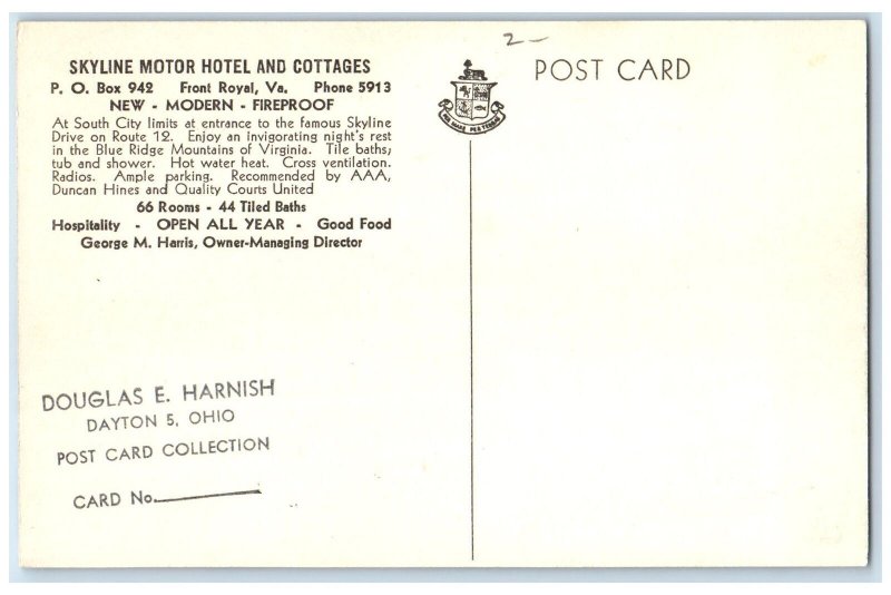 c1950's Skyline Motor Hotel Cottages Cars Font Royal Virginia Vintage Postcard