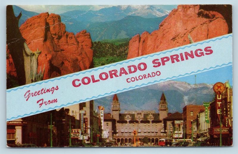 Postcard CO Banner Dual View Greetings From Colorado Springs Vintage O10