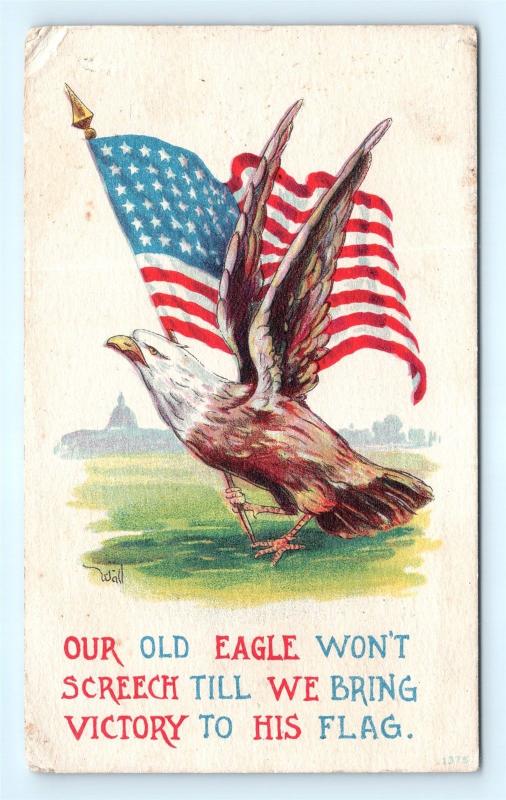 Postcard Patriotic WW1 Eagle Wont Screech Till Victory to Flag a/s B Wall K01