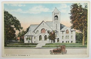 ANTIQUE 1918 POSTCARD - M.E. CHURCH POTSDAM N.Y. old automobile