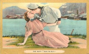 C-1910 Navy Sailor Couple doing duty romance humor artist Postcard 22-8378