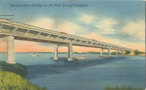 New Jersey  Turnpike Raritan River Bridge 1955  Linen Postcard Used