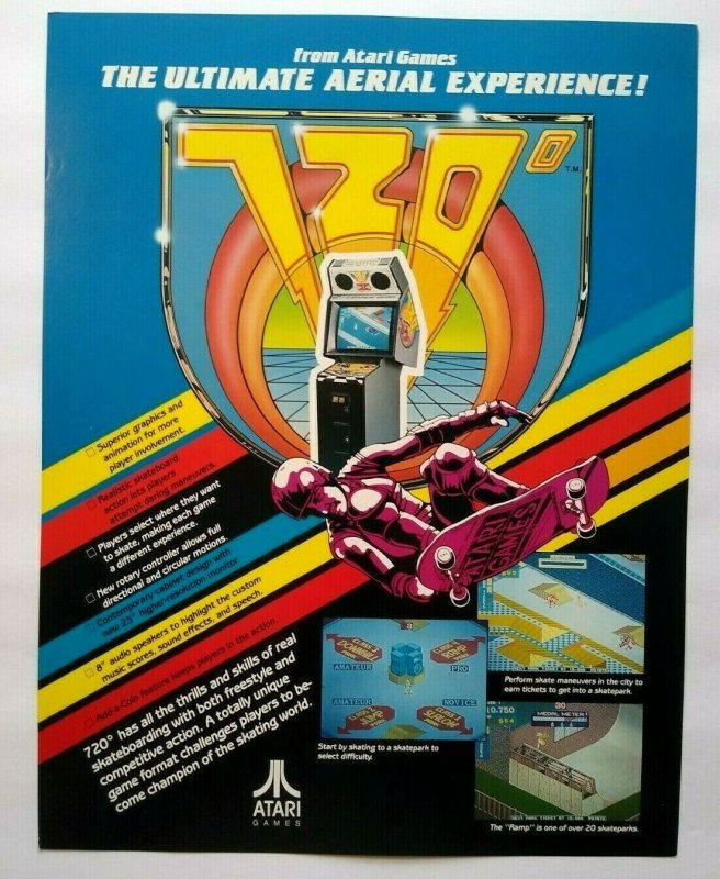 Atari 720 Arcade FLYER Original Retro Video Game 1986 Skateboard Art Print Sheet