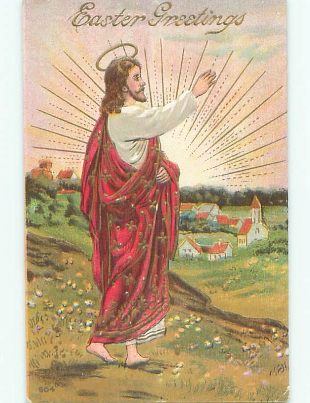 Pre-Linen easter religious JESUS CHRIST RAISES HAND TO THE SKY k2498