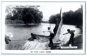 Fife Lake Saskatchewan Canada RPPC Photo Postcard Giant Fish Being Caught c1910