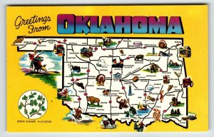 Postcard Greetings From Oklahoma Map Chrome State Flower Mistletoe Unused