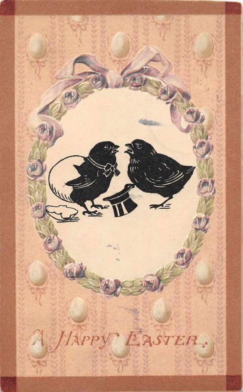 Happy Easter silhouette two birds top hat and egg shell antique pc Z39255