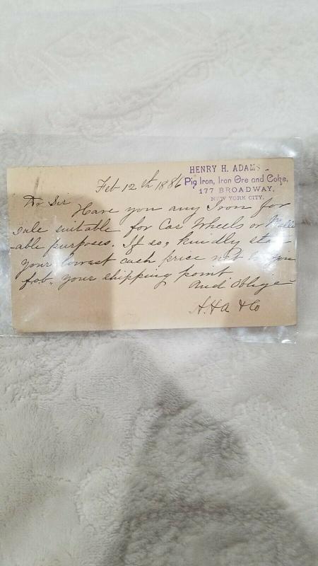 Antique Postcard, 1886, sent from Henry H. Adams Pig Iron, Iron Ore and Coke