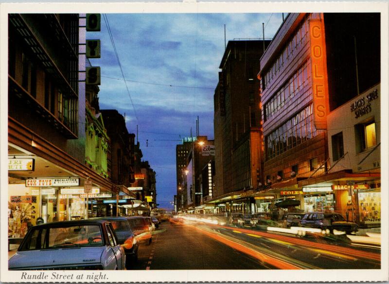 Rundle Street at Night Adelaide South Australia Coles Cox Foys Postcard D59