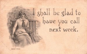 Vintage Postcard 1910's Pretty Lady Sitting On Bench I Shall Be Glad To Have You