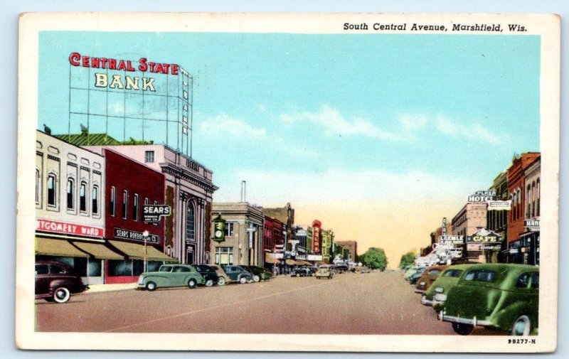 MARSHFIELD, WI Wisconsin ~ STREET SCENE So. Central Ave Wood County1950 Postcard