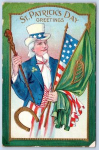 1909 UNCLE SAM*ST PATRICK'S DAY GREETINGS*AMERICAN & IRELAND FLAGS*HORSESHOE