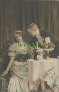 Romance Postcard -  Young Couple Having Dinner - Fruit & Wine RS27541