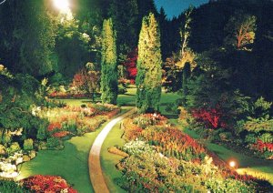 VINTAGE POSTCARD CONTINENTAL SIZE ILLUMINATED SUNKEN GARDEN BUTCHART VICTORIA BC