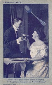 1908 Spooners Delight Coupler Lovers Romance Drinking Champagne Vintage Postcard