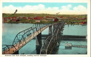 Vintage Postcard Railroad Auto Bridges Looking Toward Dubuque Iowa IA Buettell