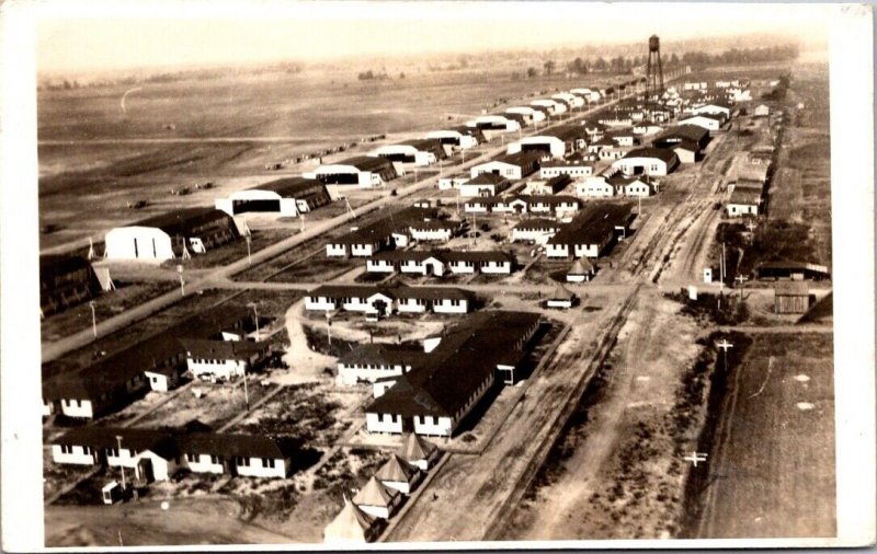 Real Photo Postcard Aerial View of a Military Camp and Airplane Hangers