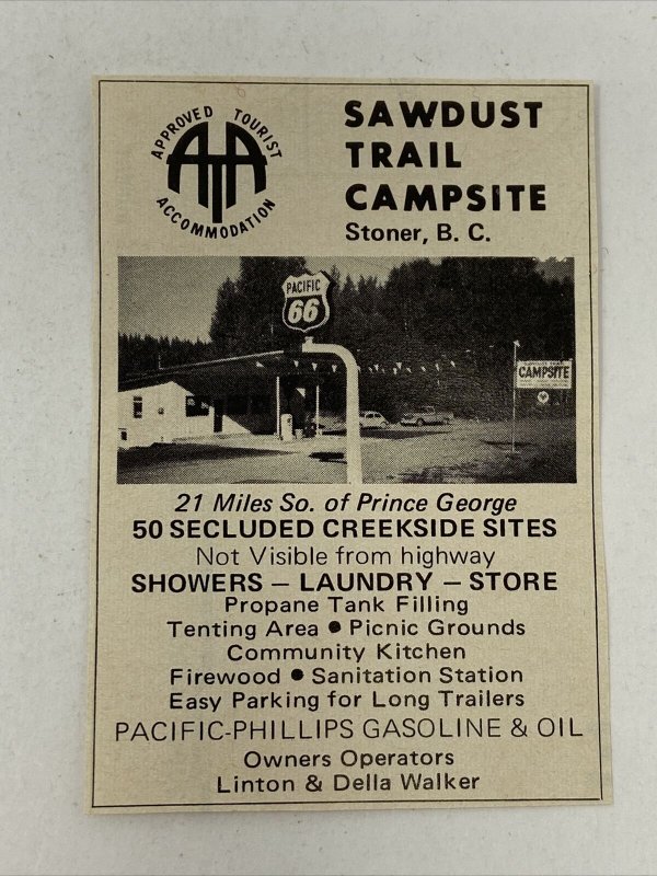 1969 Sawdust Trail Campsite Stoner British Columbia Print Ad Gas Station Photo