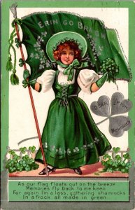 St. Patrick's Day Postcard Woman In Green Erin Go Bragh Flour Leaf Clovers