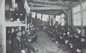 World War I (1914-1918) French prisoners in Germany interior of a camp dormitory 