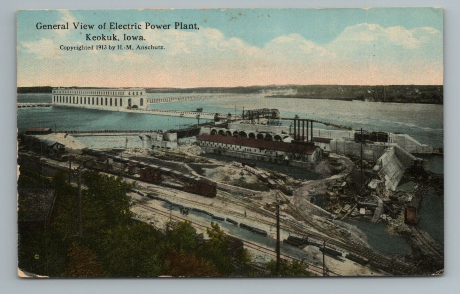 1915 Electric Power Plant Keokuk Iowa Birdseye Postcard United States