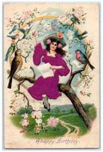 c1910's Happy Birthday Woman Singing Birds Flowers Embossed Antique Postcard