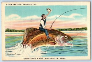Waterville Minnesota Postcard Greetings Fishing Exaggerated 1949 Vintage Antique