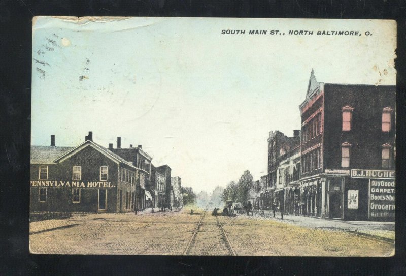 NORTH BALTIMORE OHIO DOWNTOWN MAIN STREET SCENE STORES VINTAGE POSTCARD