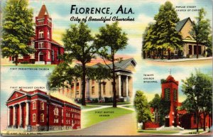 Linen Postcard Multiple Views of Churches in Florence, Alabama