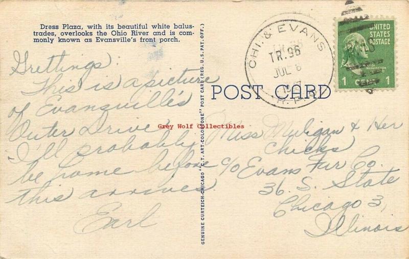 IN, Evansville, Indiana, Dress Plaza, Ohio River, Postmark 1947, Curteich